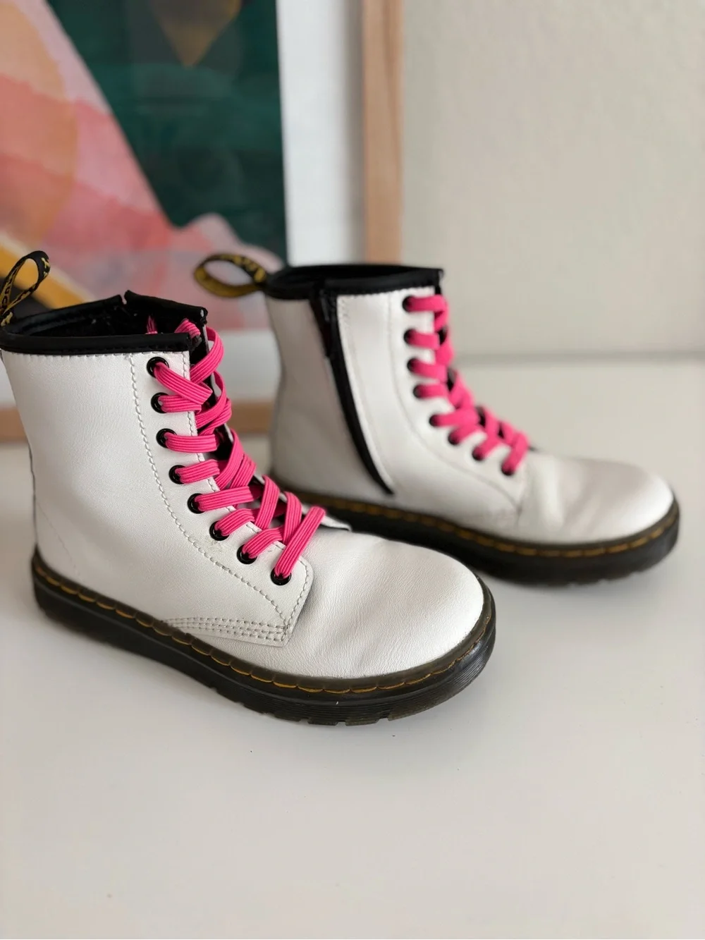 Dr. Martens White Leather Kids Boots with Pink Laces